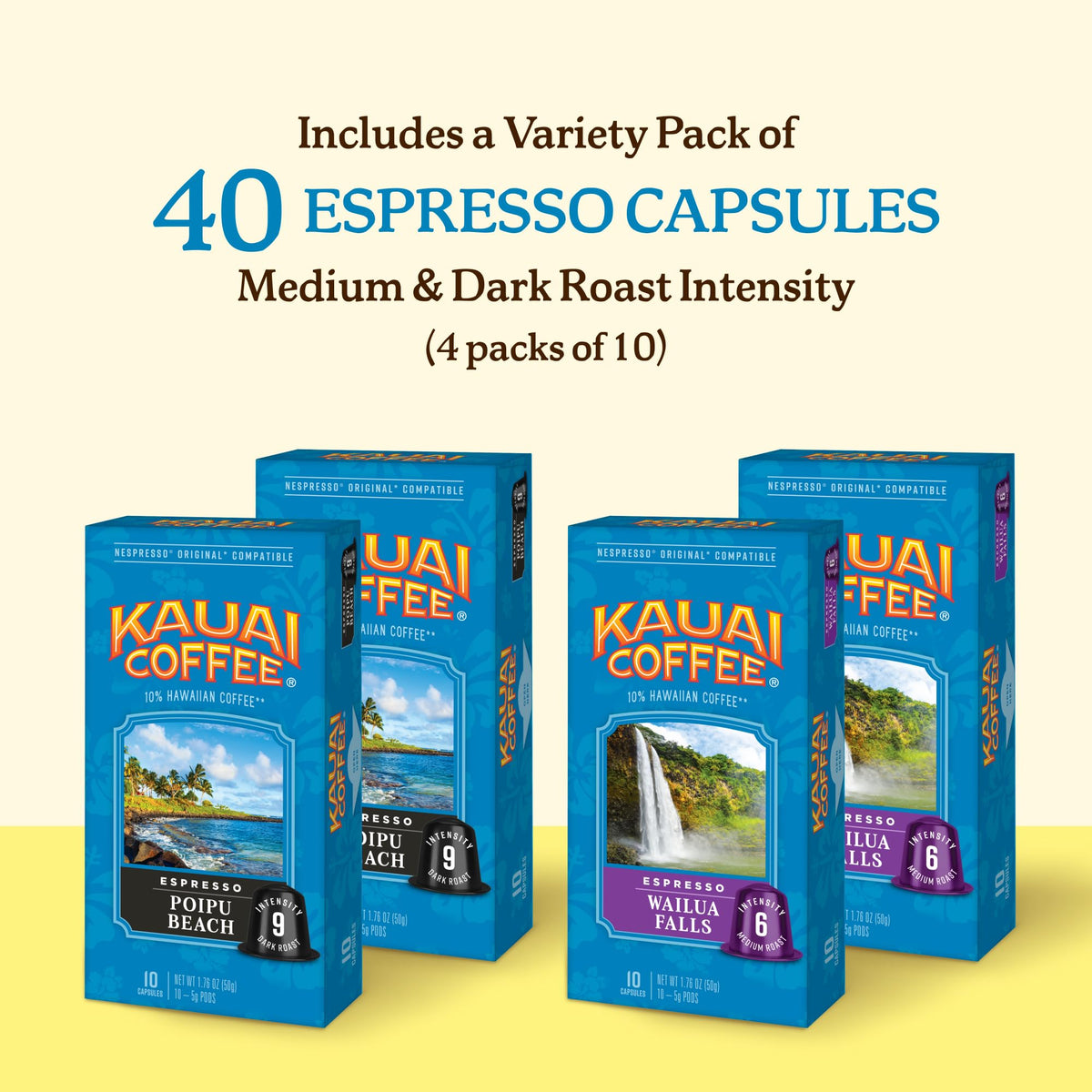Kauai Coffee Espresso Pods for Nespresso Original – Poipu Beach Dark Roast & Wailua Falls Medium Roast, 4x10 Pack