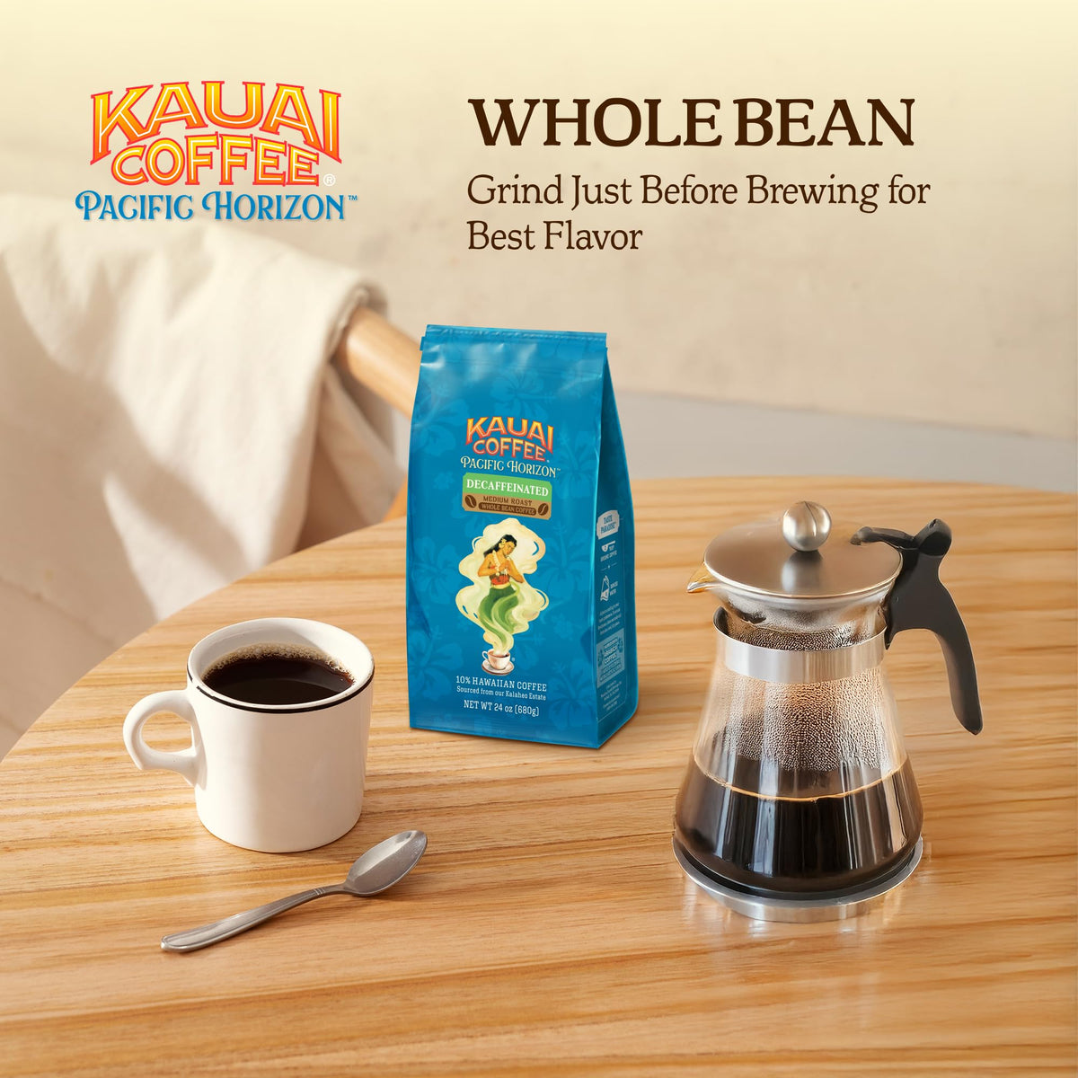 Kauai Coffee Whole Bean Decaf Medium Roast Arabica – Floral Notes & Bright Aroma | 24oz