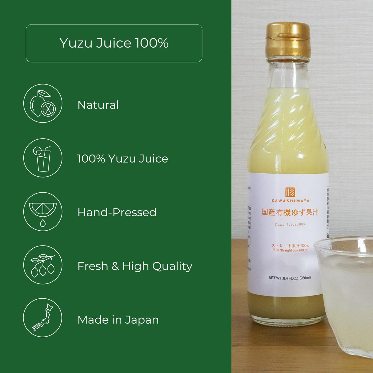 Kawashimaya Organic Yuzu Juice 8.4 oz — Hand-Squeezed, 100% Pure Yuzu, Made in Japan