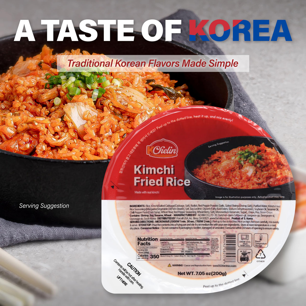 KCHELIN Microwaveable Korean Kimchi Fried Rice — 6 Pack, 7.05 oz Bowls