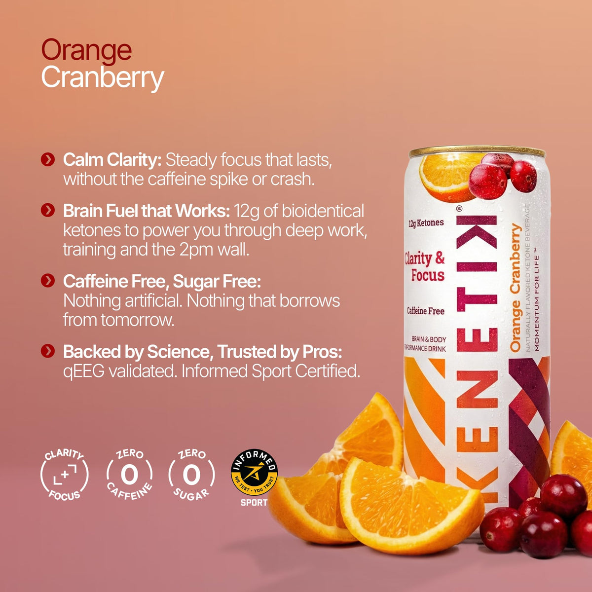 Kenetik Ketone Focus Drink | Caffeine-Free Plant-Based D-BHB Ketones for Steady Focus – Orange Cranberry, 12oz Cans (6-Pack)