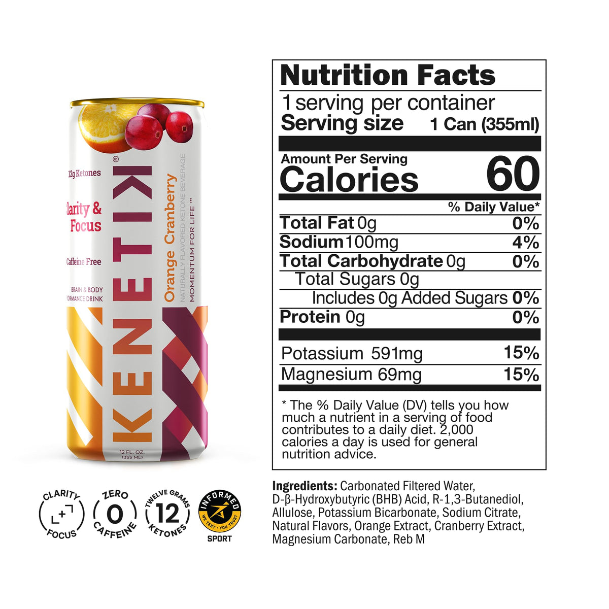 Kenetik Ketone Focus Drink | Caffeine-Free Plant-Based D-BHB Ketones for Steady Focus – Orange Cranberry, 12oz Cans (6-Pack)