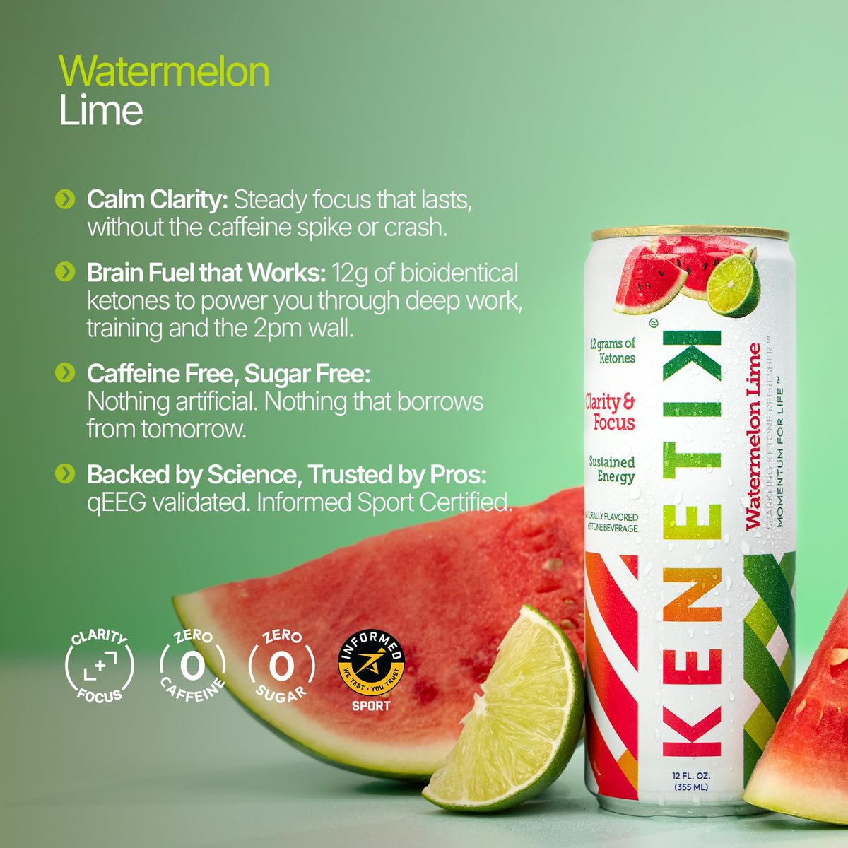 Kenetik Ketone Focus Drink – Plant-Based D-BHB for Steady, Caffeine-Free Focus | Watermelon Lime 12oz Cans (6-Pack)