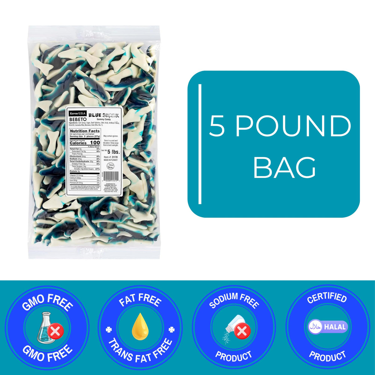 Kervan Bebeto Blue Shark Gummies – Fruity, Soft Chewy 5 lb Bulk Bag (Halal)