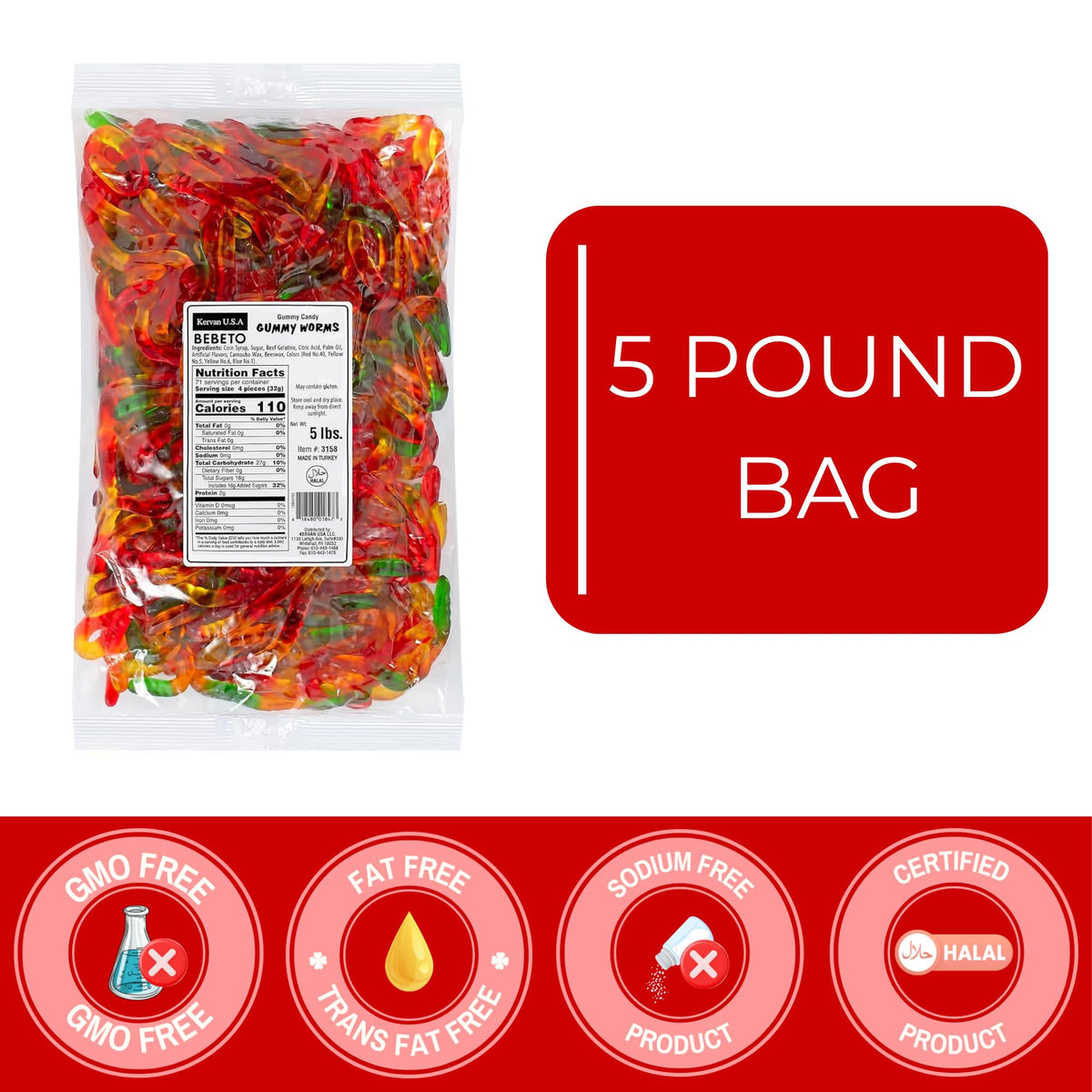 Kervan Bebeto Gummy Worms – Fruity Soft Gummies Bulk 5 lb for Parties