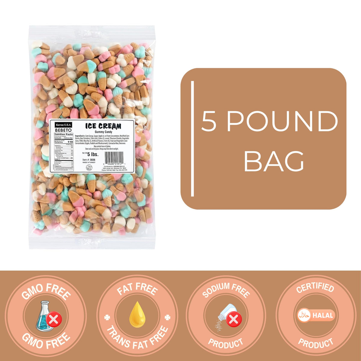 Kervan Bebeto Ice Cream Gummies — 5 lb Bulk, Gluten-Free Halal Candy Cones