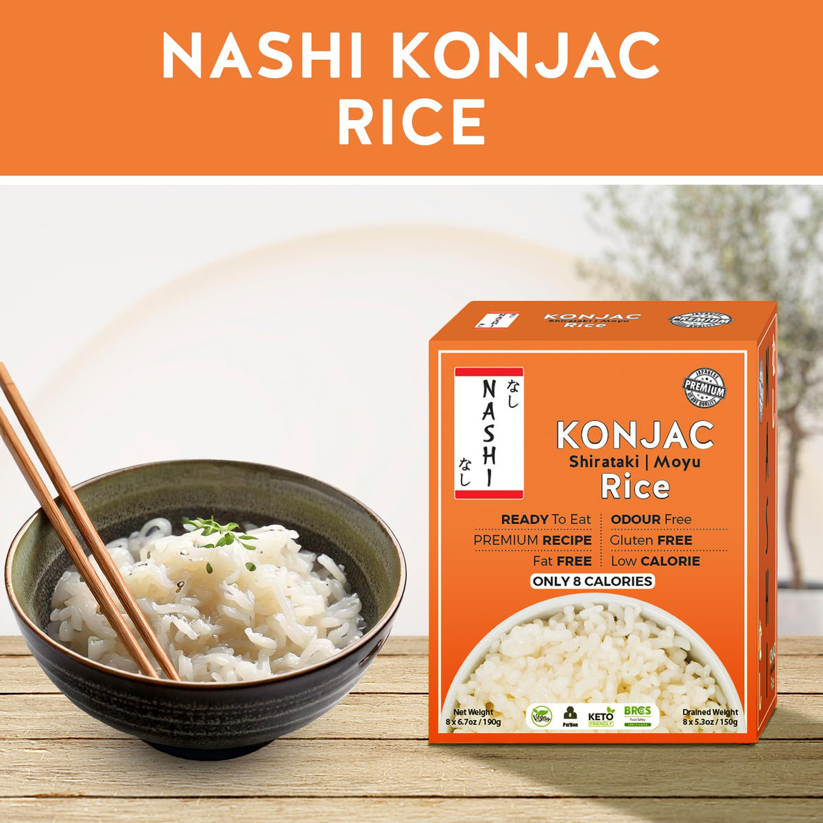 Keto Skinny Nashi Shirataki Konjac Moyu Rice – Low Calorie, Zero Fat, Vegan Ready-to-Eat (8×190g)