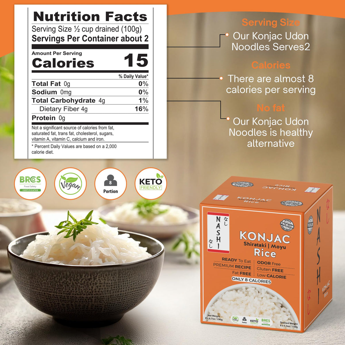 Keto Skinny Nashi Shirataki Konjac Moyu Rice – Low Calorie, Zero Fat, Vegan Ready-to-Eat (8×190g)