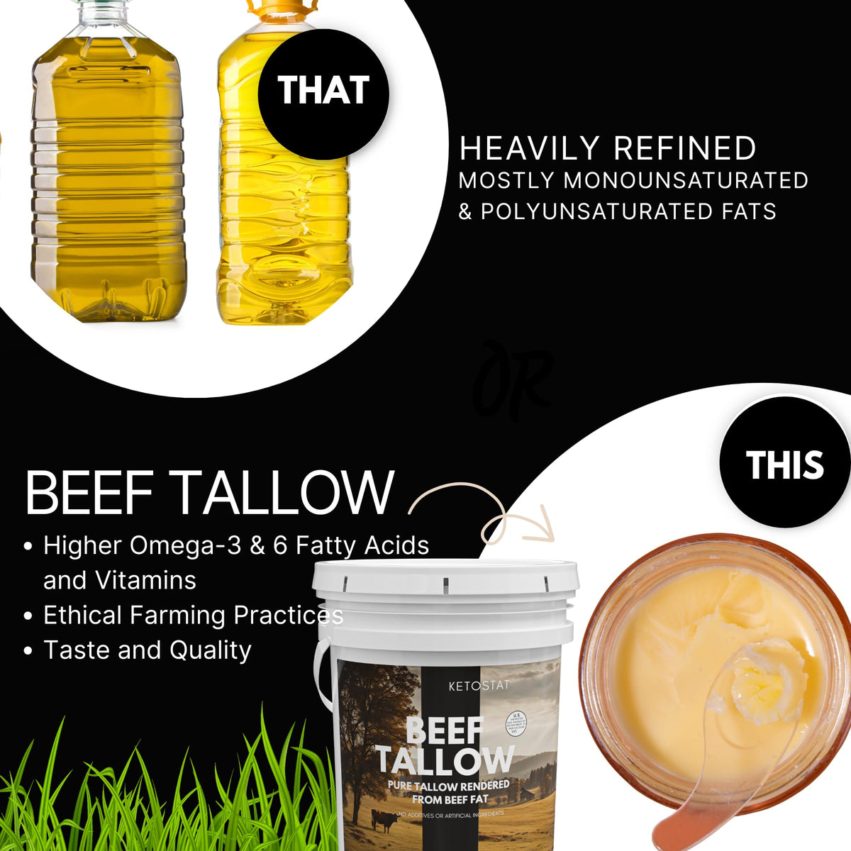 Ketostat Beef Tallow (3.75 lb / 60 oz) for Cooking – High-Heat Searing, Roasting & Baking
