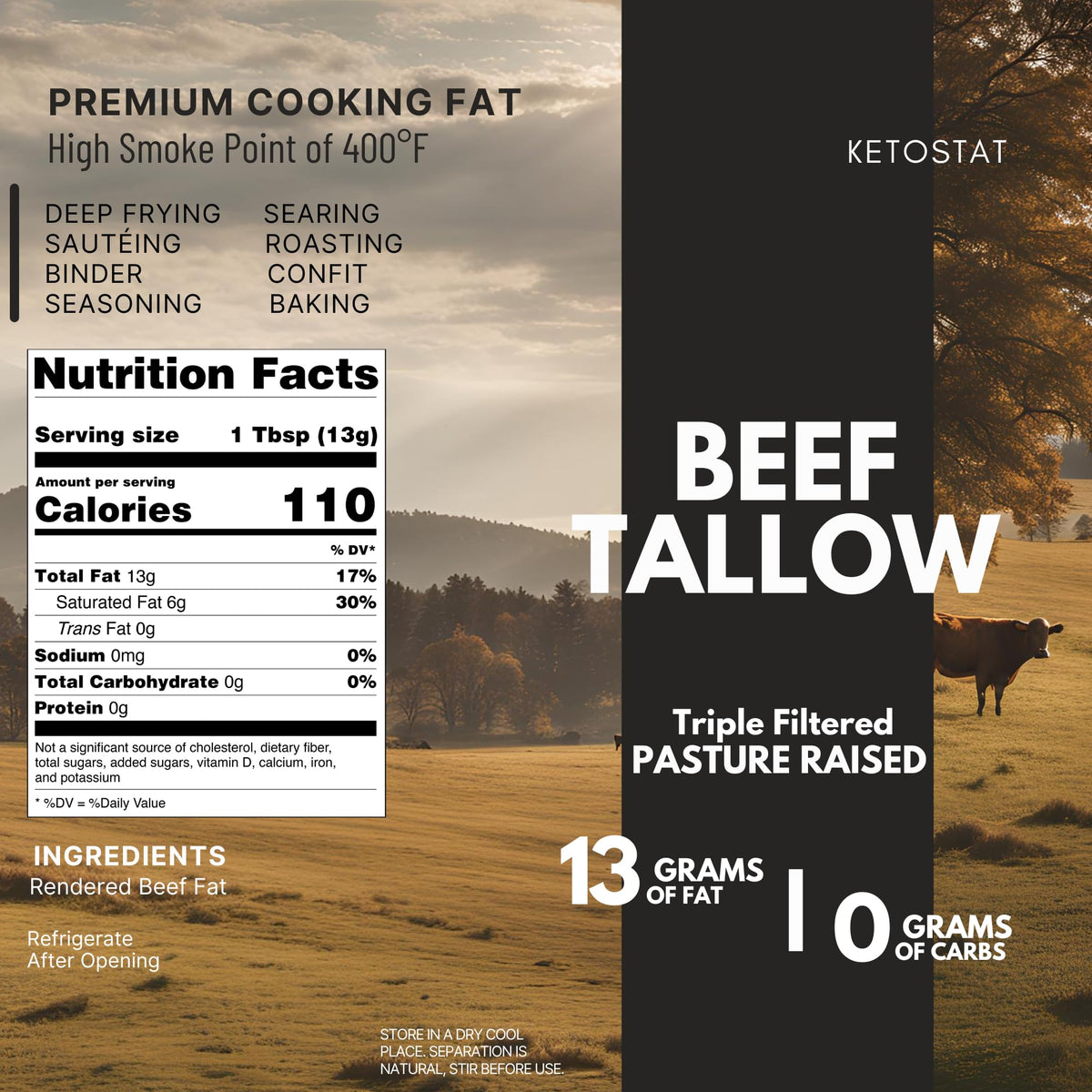 Ketostat Beef Tallow (3.75 lb / 60 oz) for Cooking – High-Heat Searing, Roasting & Baking
