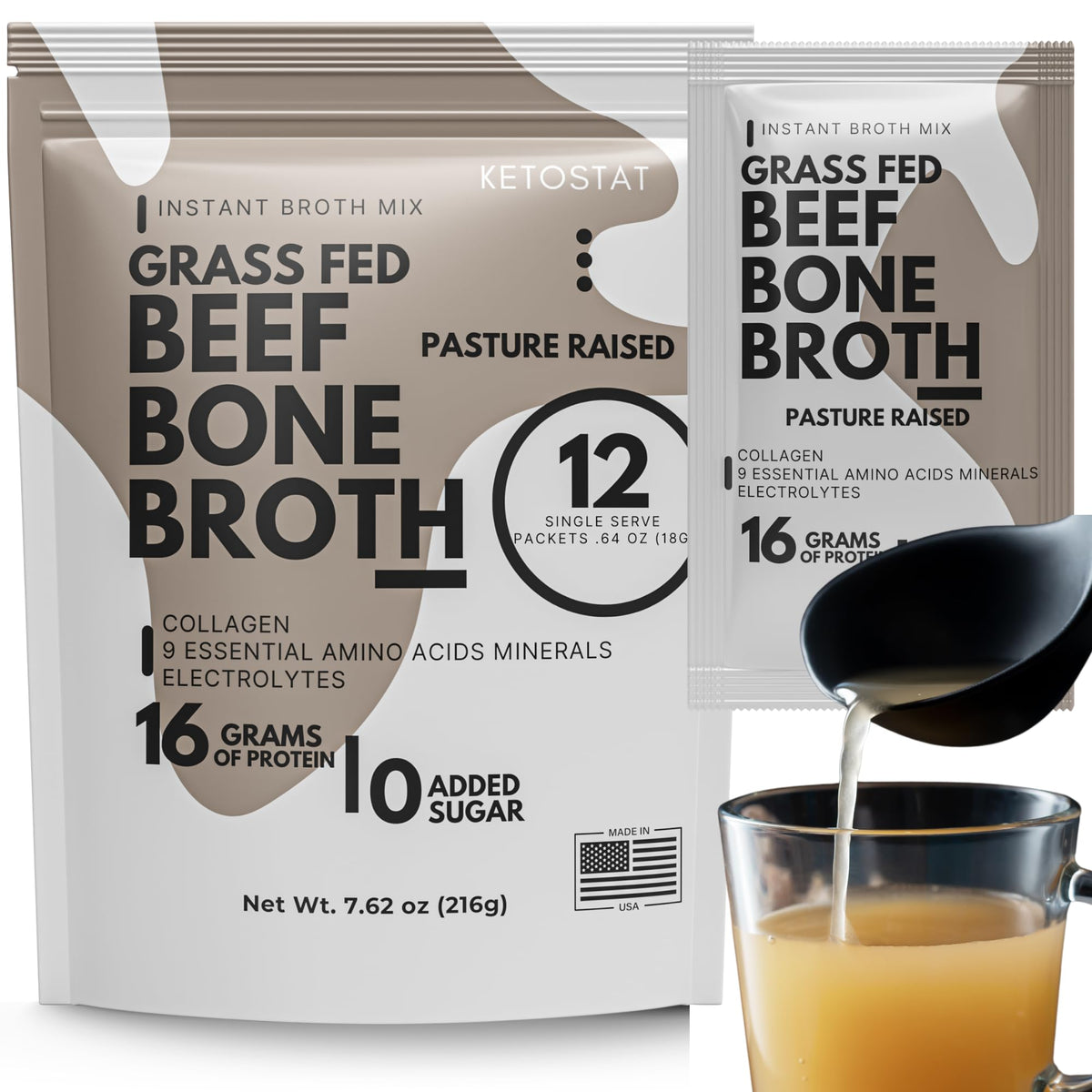 Ketostat Bone Broth Protein Powder Packets – Grass-Fed Beef, 12 Pack, 16g Protein per Packet