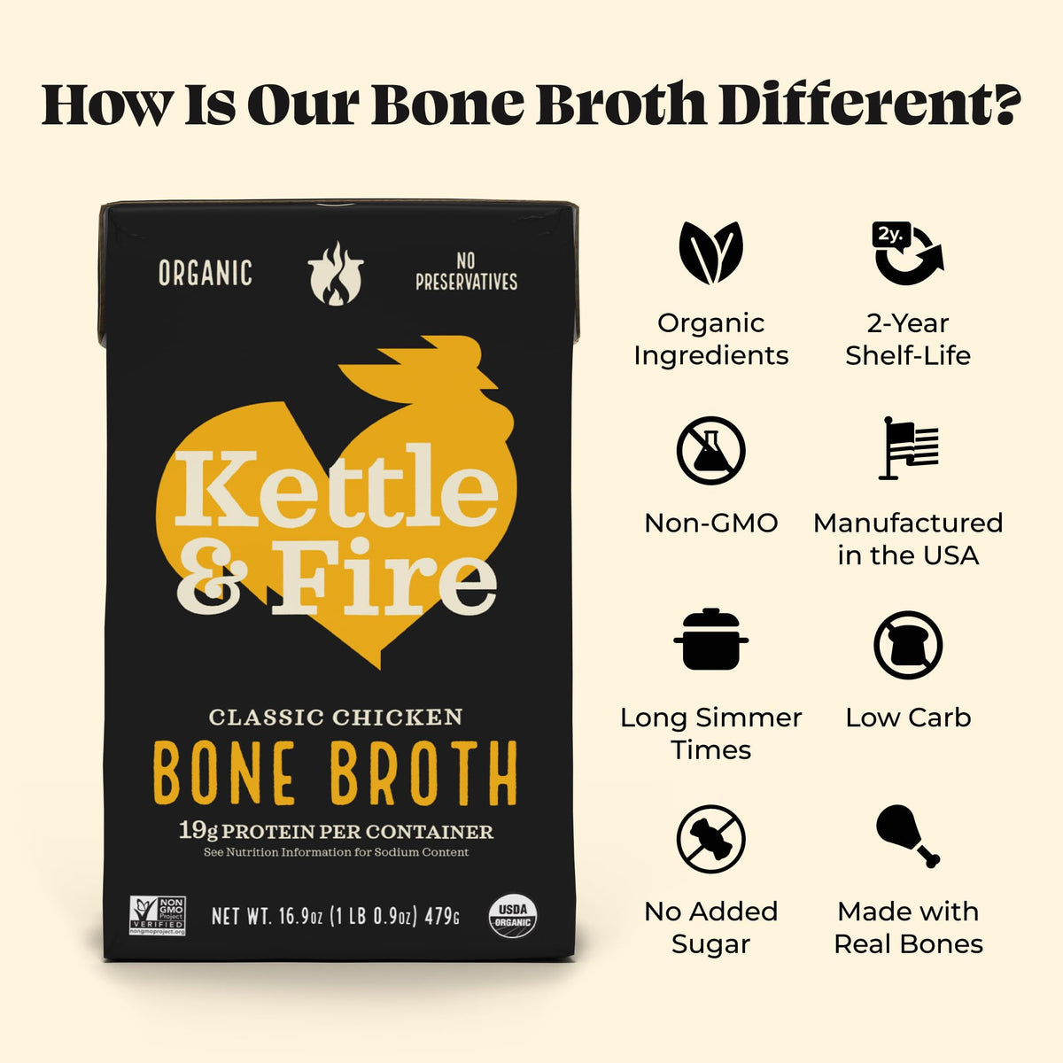 Kettle & Fire Beef & Chicken Bone Broth — 4-Pack | Keto, Paleo, Whole30 Approved