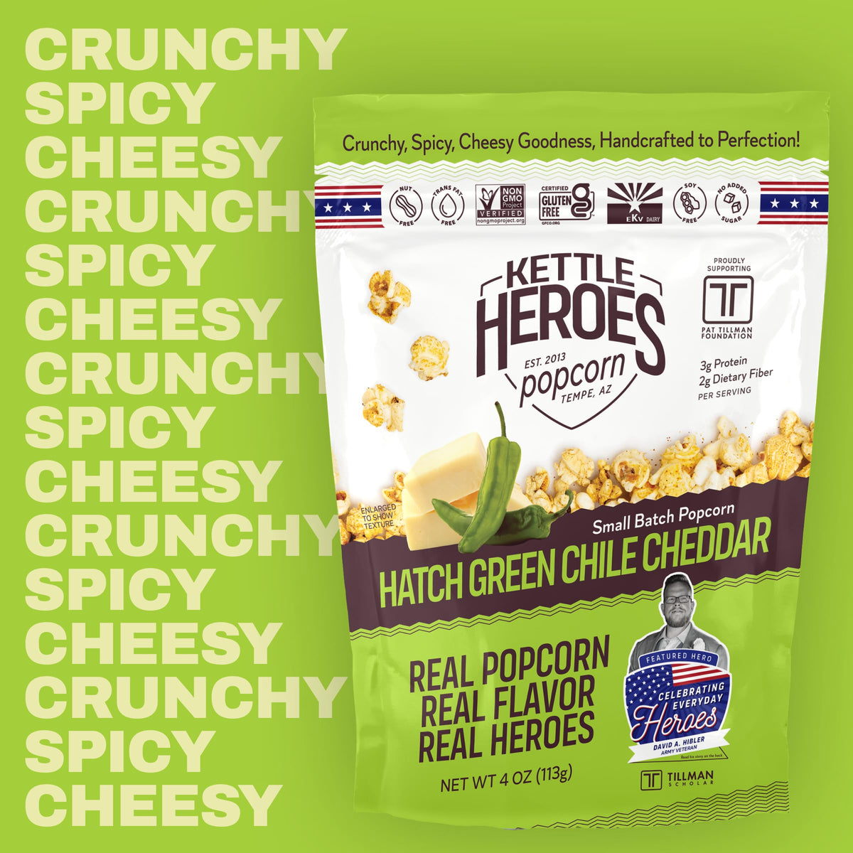 Kettle Heroes Hatch Green Chile Cheddar Popcorn — Small Batch, No Sugar, Kosher, Gluten Free, Non-GMO, 4 oz Pack of 6