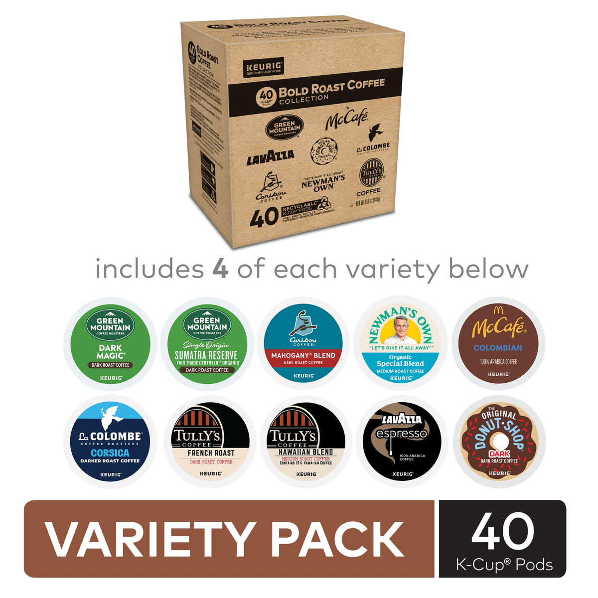 Keurig Bold Roast Coffee Collection Variety Pack – 40 K-Cup Pods, 10 Roasts