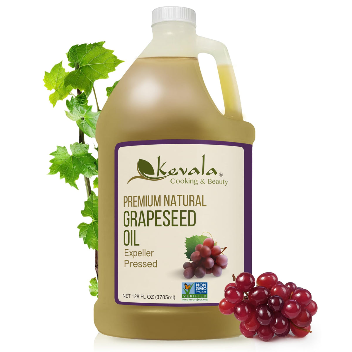 Kevala Grapeseed Oil – Non-GMO Expeller-Pressed, High Smoke Point, 128 oz | Cooking, Skincare & Hair