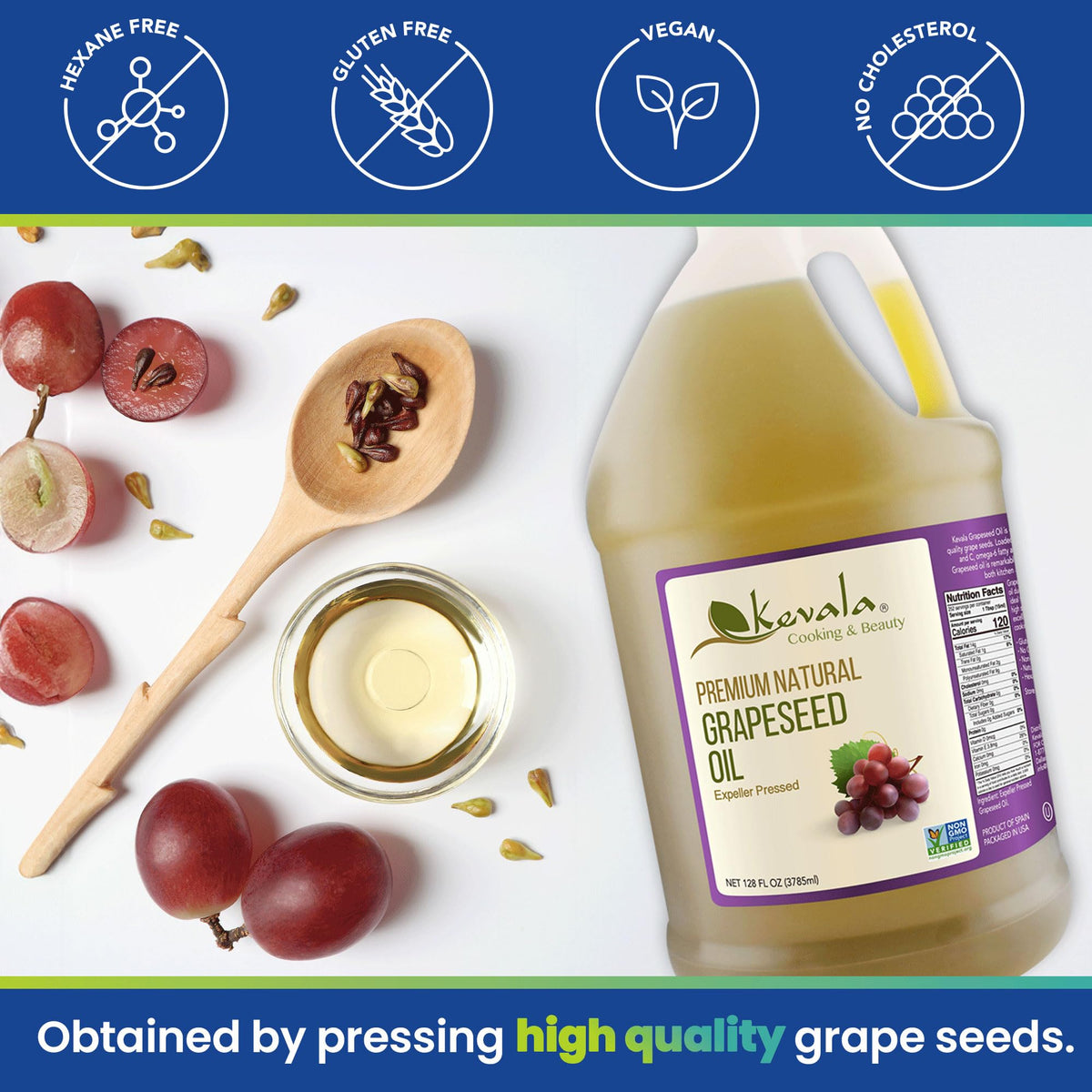 Kevala Grapeseed Oil – Non-GMO Expeller-Pressed, High Smoke Point, 128 oz | Cooking, Skincare & Hair