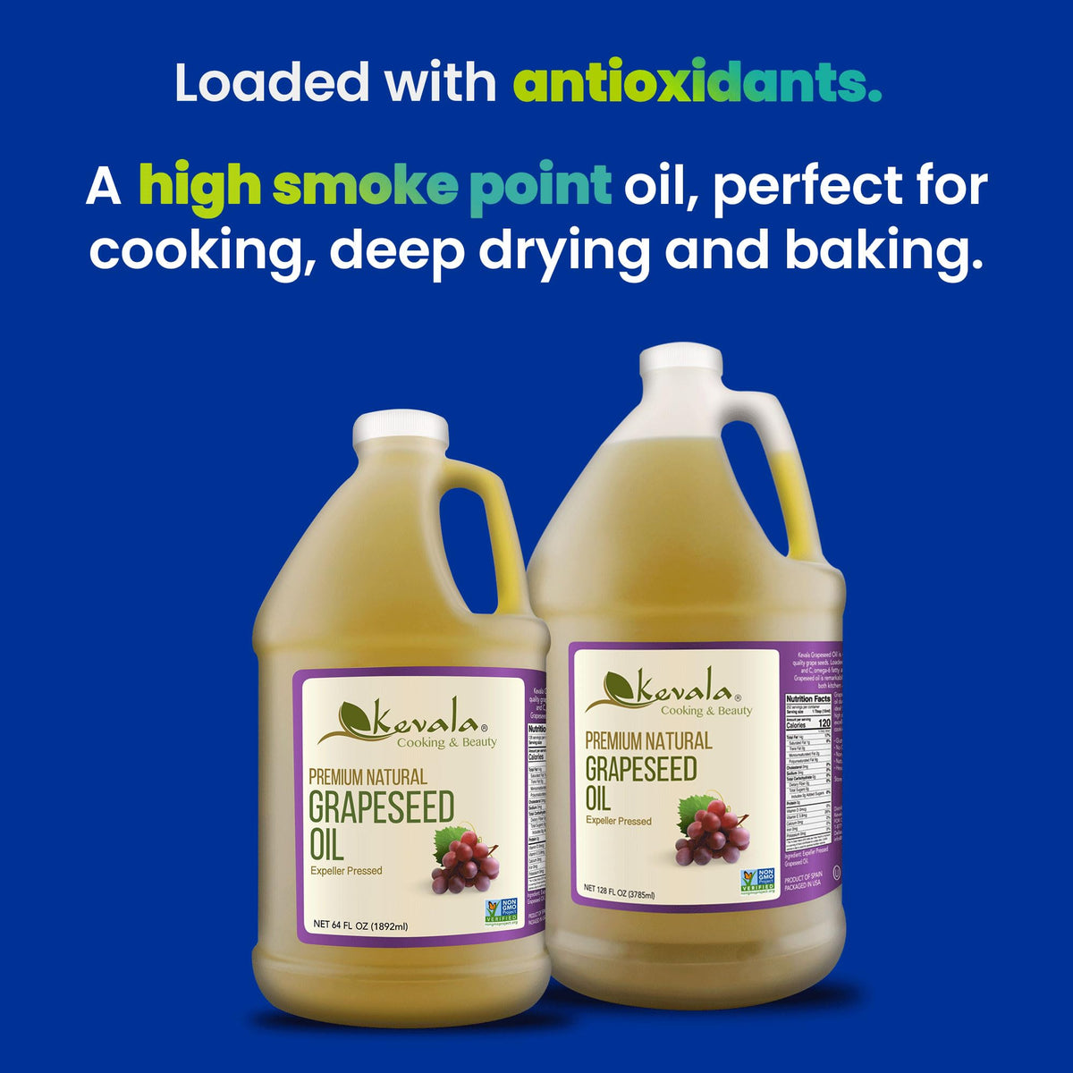 Kevala Grapeseed Oil – Non-GMO Expeller-Pressed, High Smoke Point, 128 oz | Cooking, Skincare & Hair