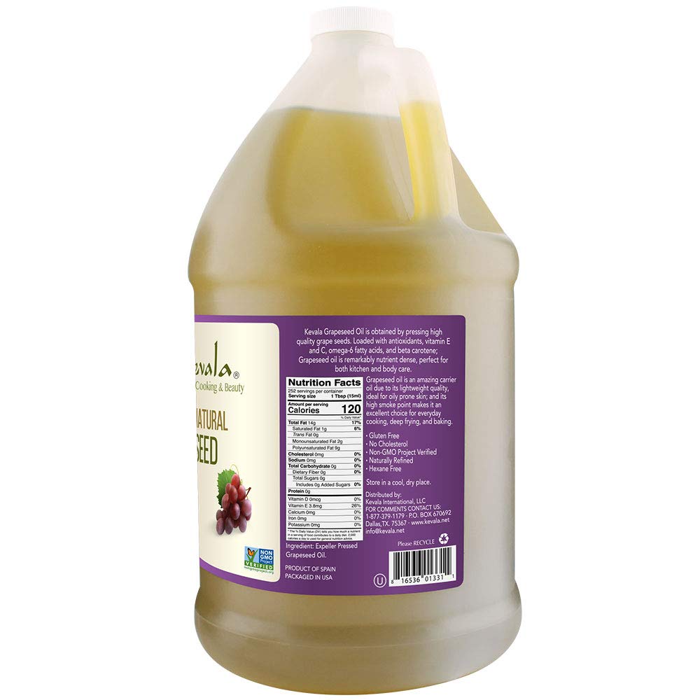 Kevala Grapeseed Oil – Non-GMO Expeller-Pressed, High Smoke Point, 128 oz | Cooking, Skincare & Hair