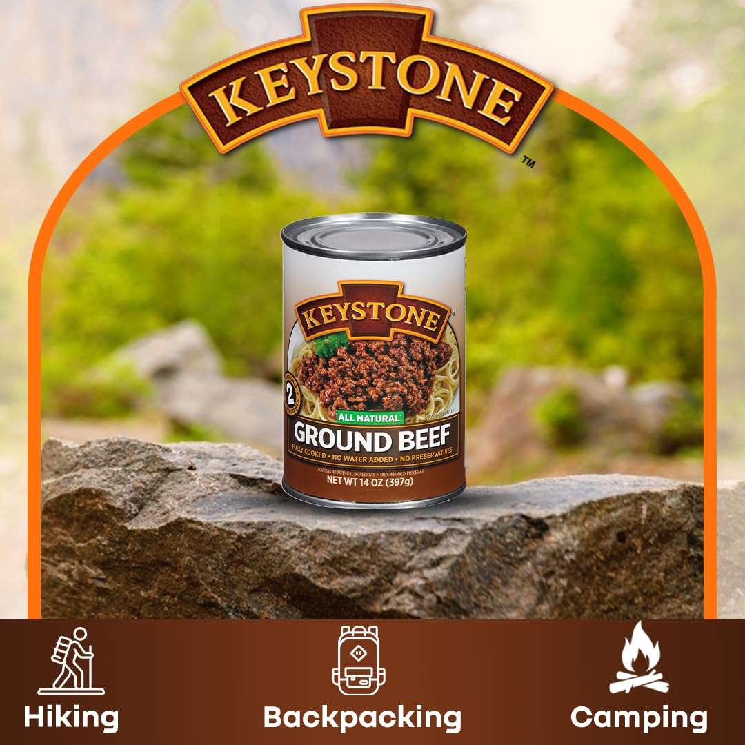 Keystone Meats All Natural Heat & Serve Ground Beef – Fully Cooked, Gluten-Free, 14 oz Cans, 5-Year Shelf Life, Made in USA (6-pack)
