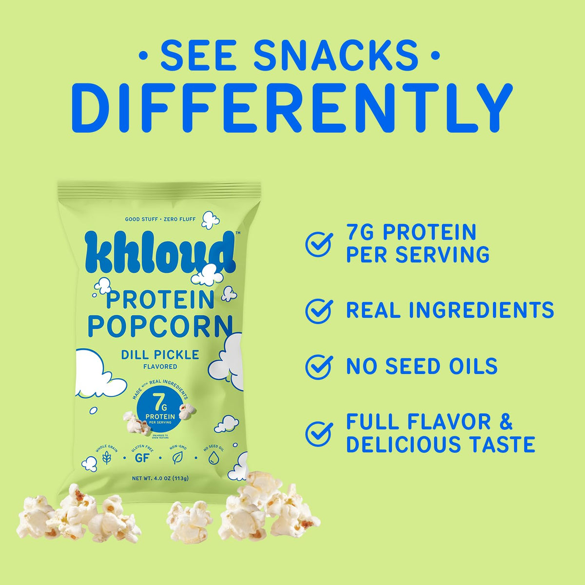 Khloud Protein Popcorn Dill Pickle – 7g Protein per Serving | Gluten-Free, Non-GMO, Kosher