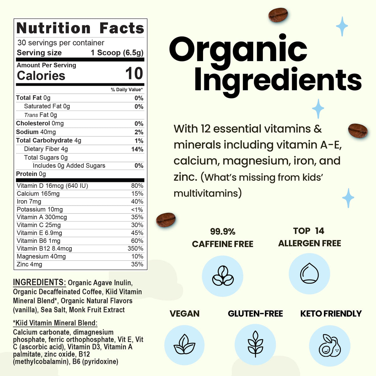 Kiid Coffee – 99.9% Caffeine-Free Organic Kids' Coffee with 12 Vitamins | 30 Servings