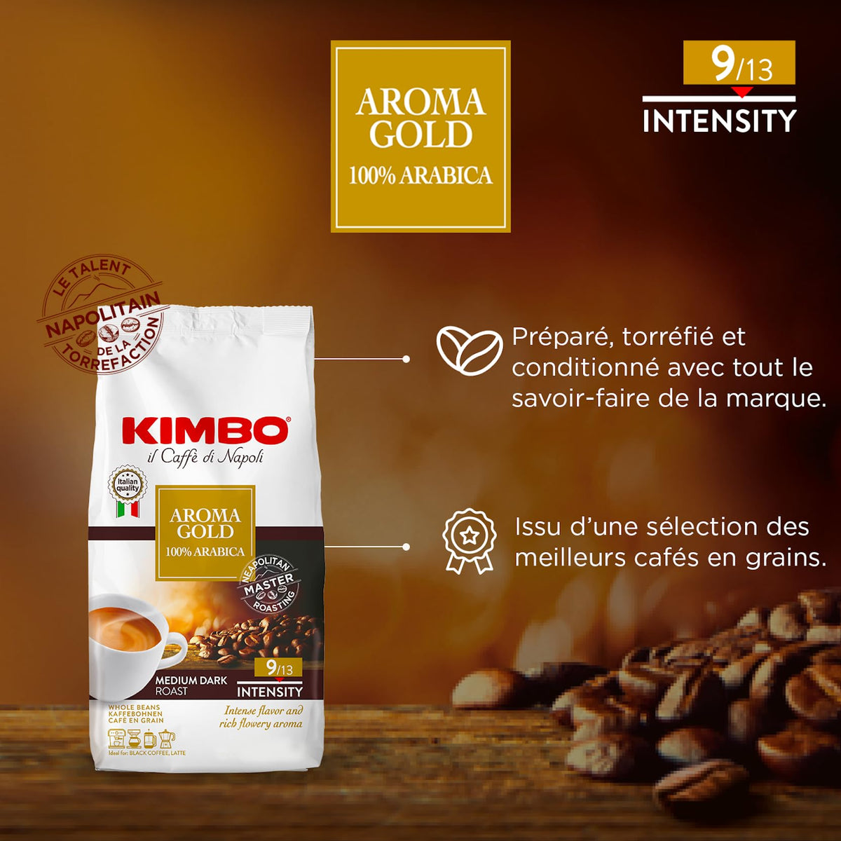 Kimbo Aroma Gold 100% Arabica Whole Bean Coffee – Medium-Dark Roast with Chocolate Notes | 17.6 oz Bag