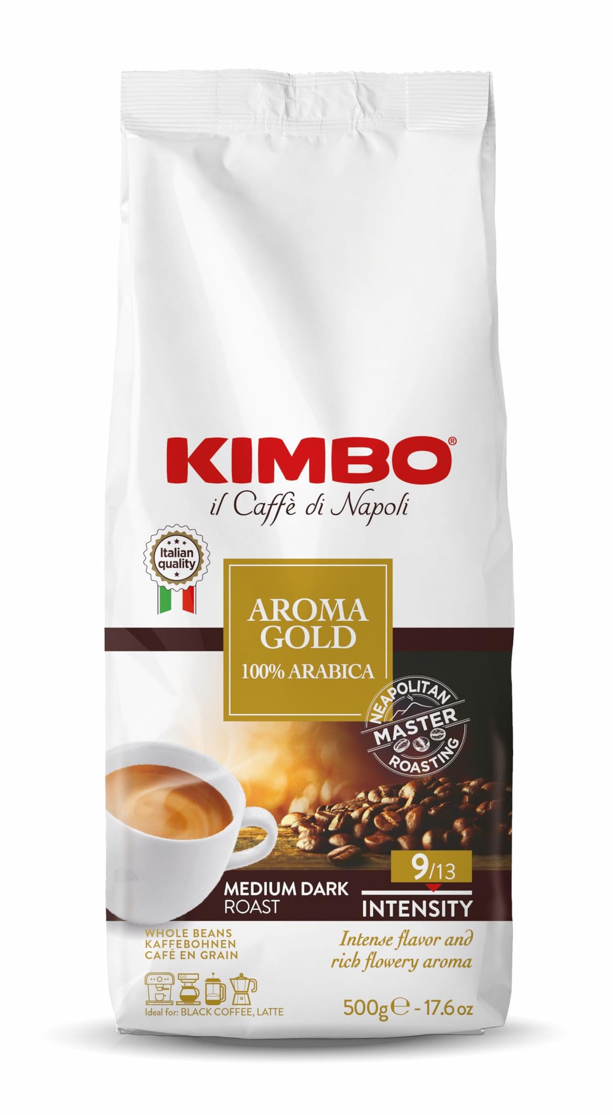 Kimbo Aroma Gold 100% Arabica Whole Bean Coffee – Medium-Dark Roast with Chocolate Notes | 17.6 oz Bag