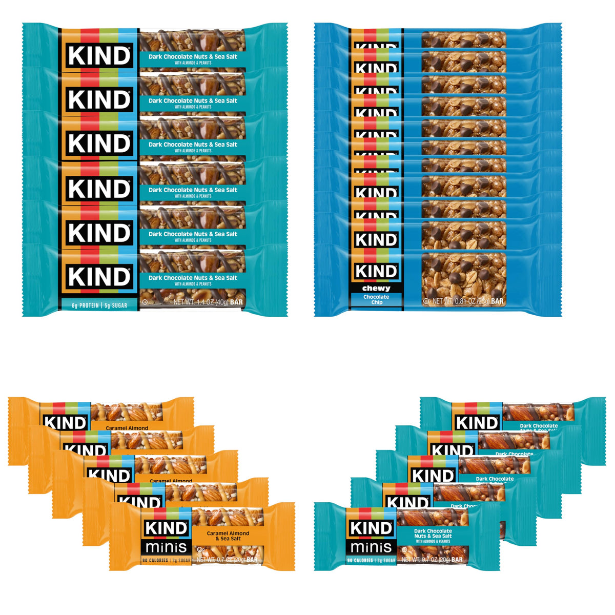 KIND Bar Variety Pack – 6 Dark Chocolate Nuts & Sea Salt, 5 Mini Dark Chocolate Nuts & Sea Salt, 5 Mini Caramel Almond Sea Salt, 10 Chewy Chocolate Chip Bars