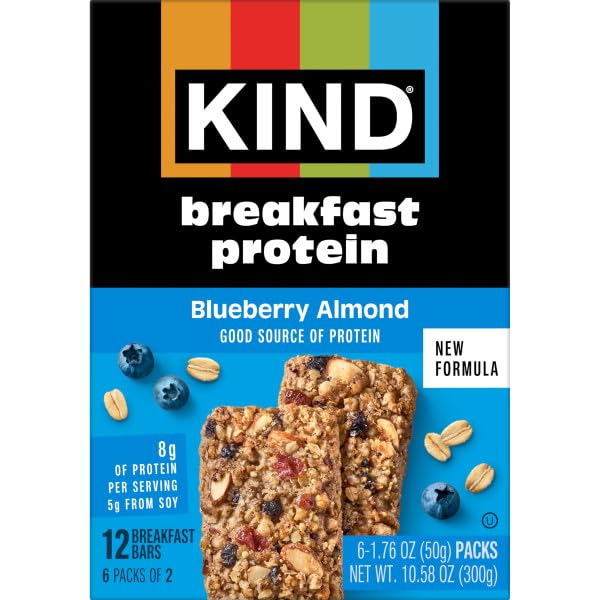 KIND Breakfast Protein Bars – Blueberry Almond, Gluten Free, 8g Protein, 30 Count (Two-Bar Packs)