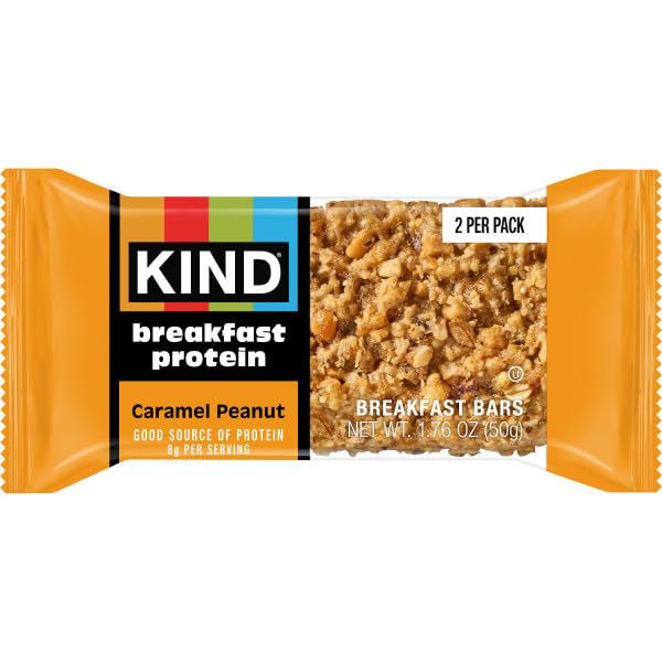KIND Breakfast Caramel Peanut Bars – Gluten Free, 8g Protein, 30 Packs of 2 Bars