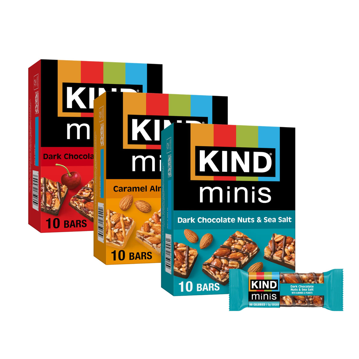 KIND Mini Snack Bars Variety Pack – Gluten Free, Low Sugar, Low Calorie, 30-Count (Dark Chocolate Nuts & Sea Salt; Caramel Almond & Sea Salt; Dark Chocolate Cherry Cashew)