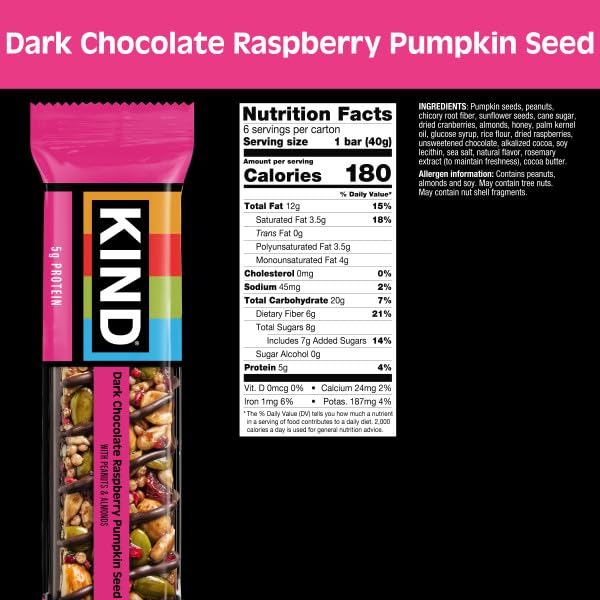 KIND Seeds Fruit & Nuts Bars – Dark Chocolate Raspberry Pumpkin Seed, Gluten Free, 5g Protein, 6g Fiber, 12 Bars