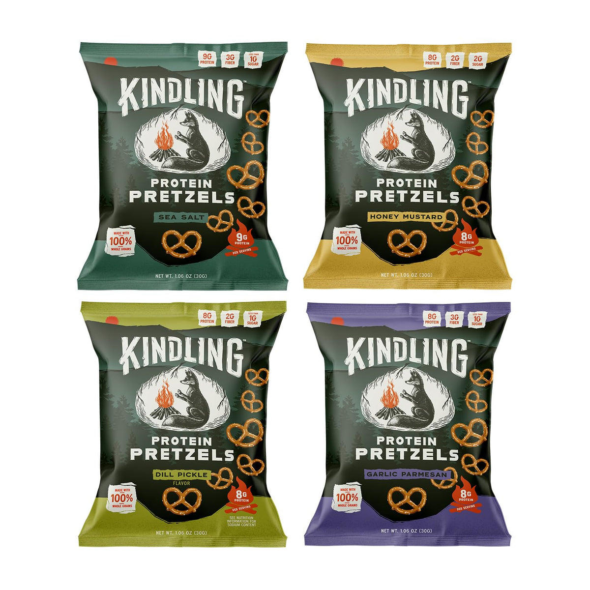 Kindling Protein Pretzels Variety Pack – 8-9g Protein, 12-Pack (Sea Salt, Dill Pickle, Honey Mustard, Garlic Parmesan)