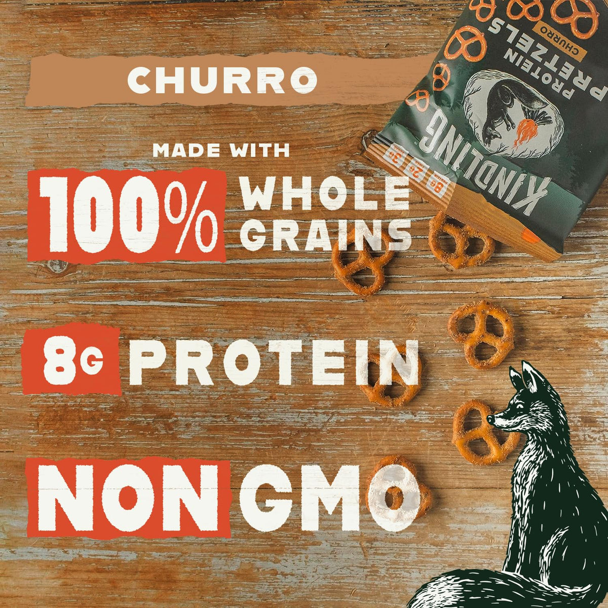 Kindling Protein Pretzels - Churro | 8-9g Protein per Serving, 16-Count | Kosher & Soy-Free