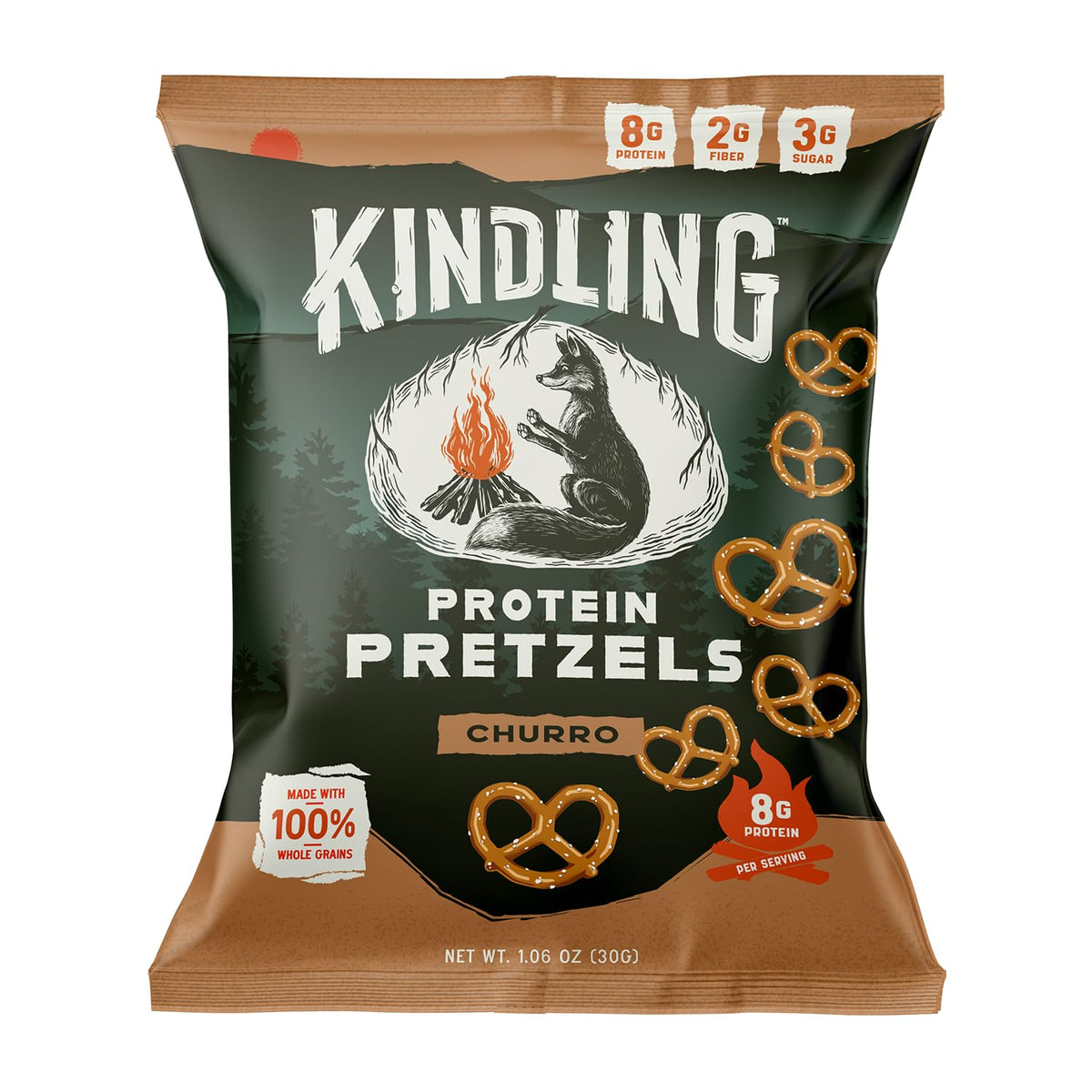 Kindling Protein Pretzels - Churro | 8-9g Protein per Serving, 16-Count | Kosher & Soy-Free