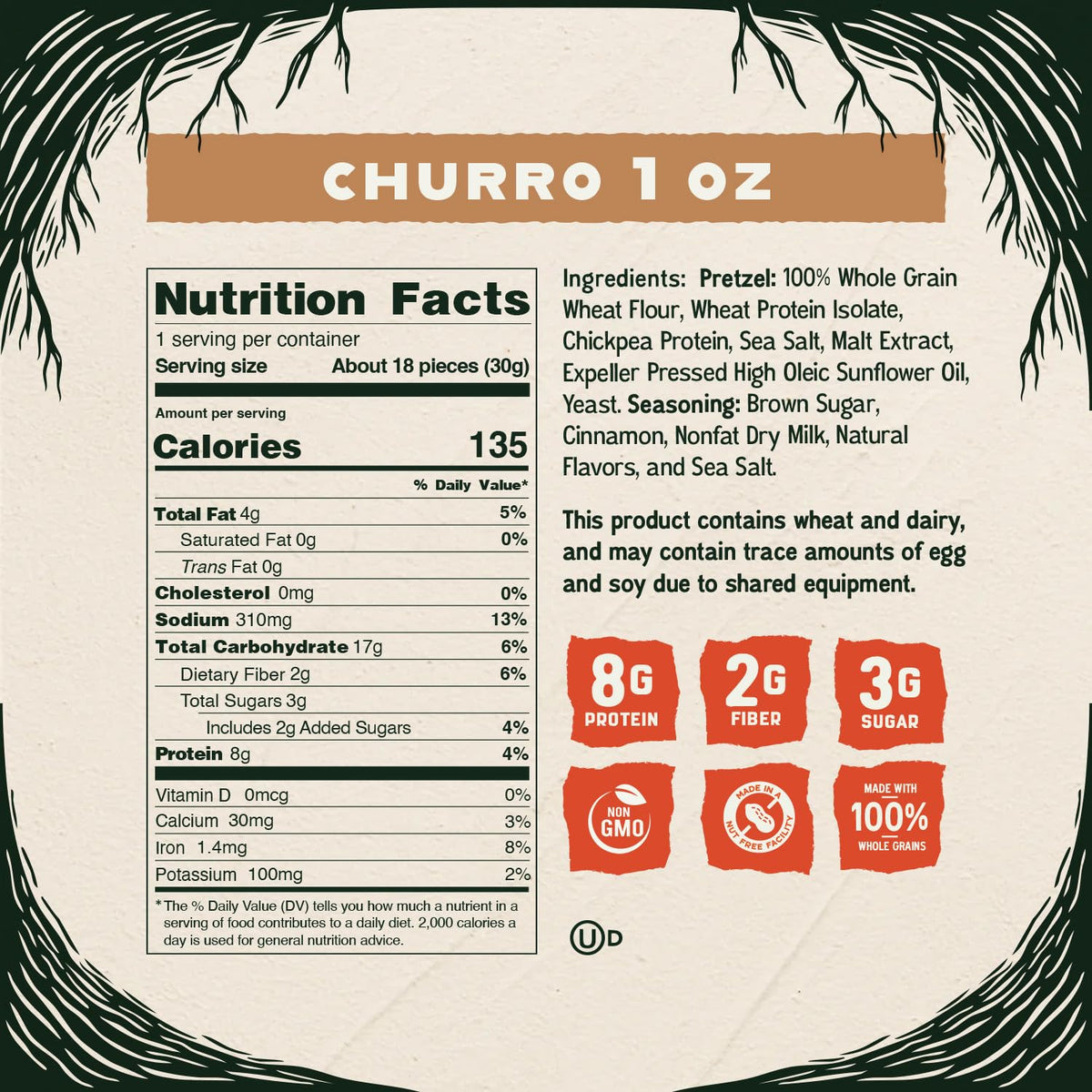 Kindling Protein Pretzels - Churro | 8-9g Protein per Serving, 16-Count | Kosher & Soy-Free