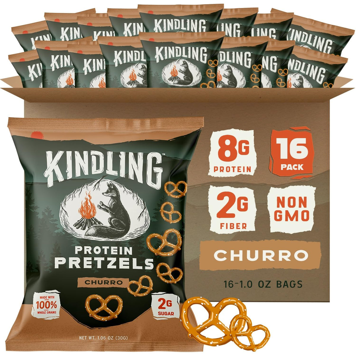 Kindling Protein Pretzels - Churro | 8-9g Protein per Serving, 16-Count | Kosher & Soy-Free
