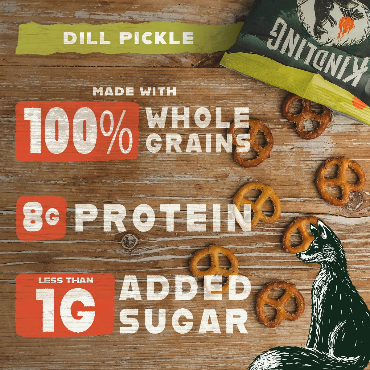 Kindling Protein Pretzels Dill-Pickle – 8-9g Protein, Whole Grain, 16-Count