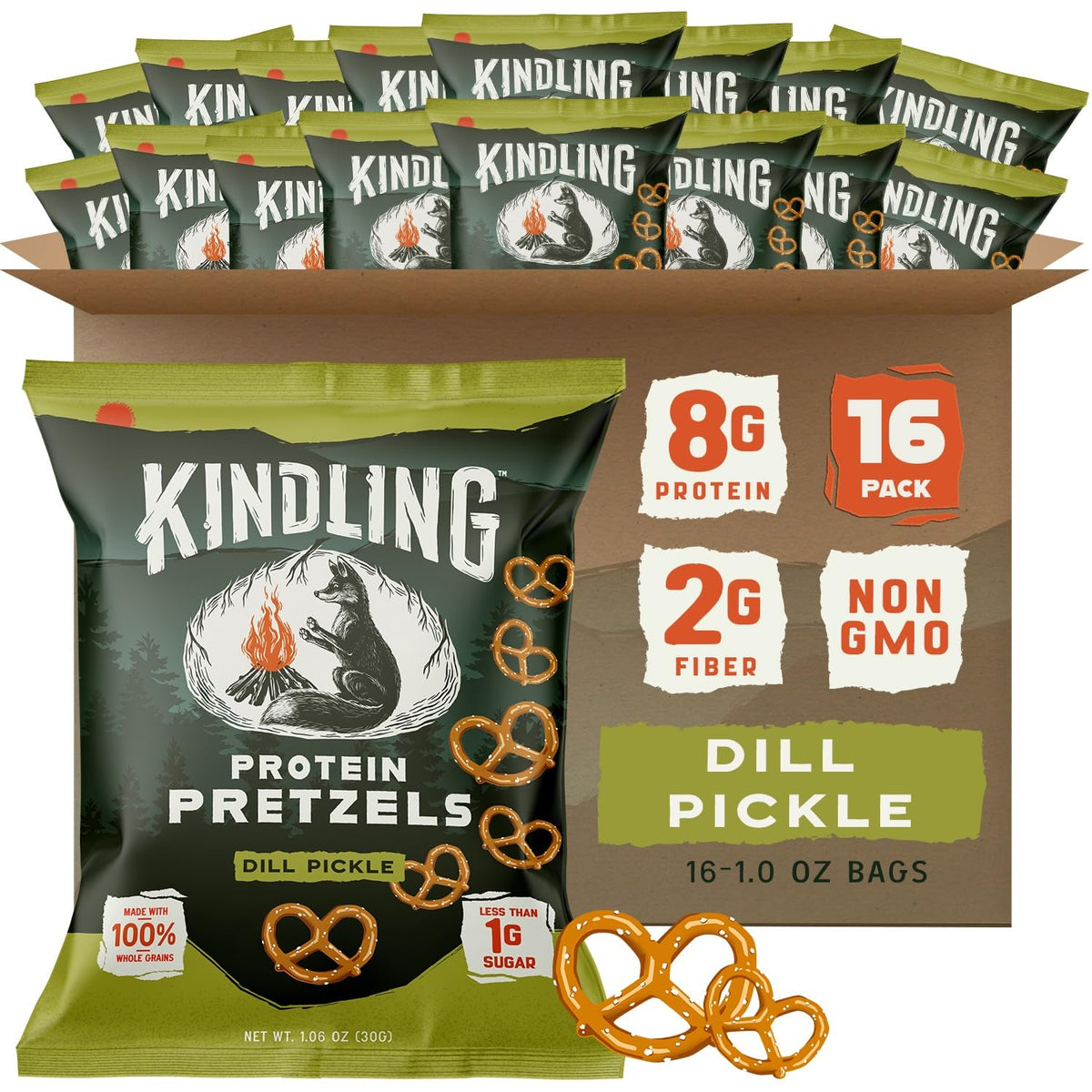 Kindling Protein Pretzels Dill-Pickle – 8-9g Protein, Whole Grain, 16-Count