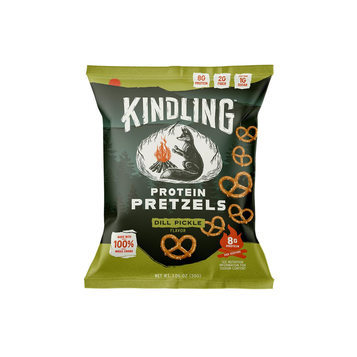 Kindling Protein Pretzels Dill-Pickle – 8-9g Protein, Whole Grain, 16-Count