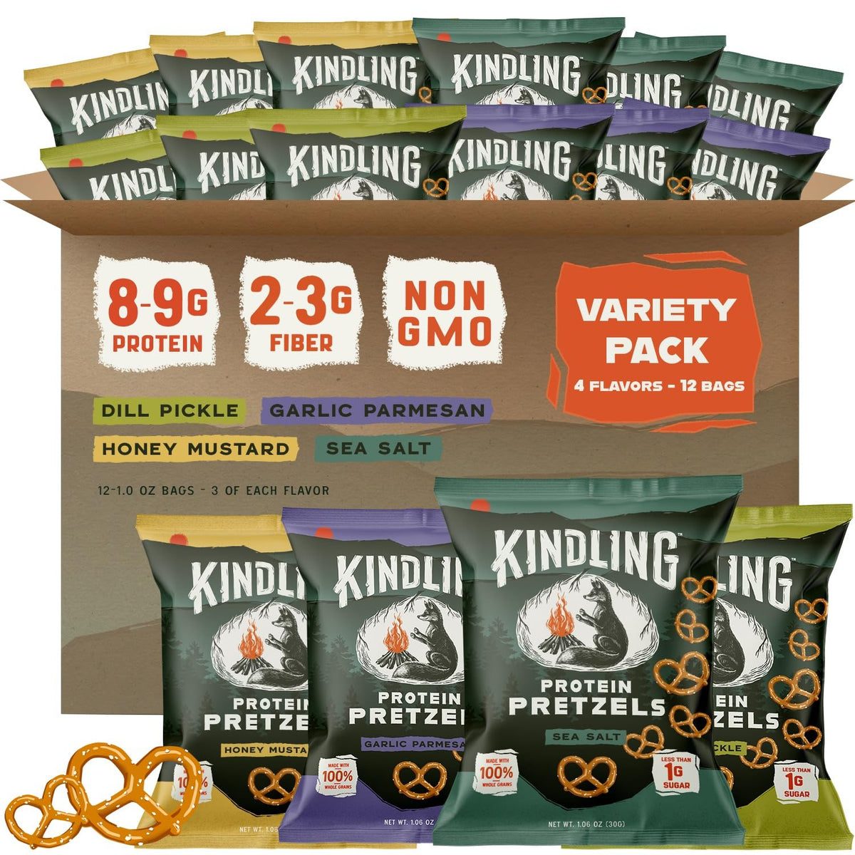 Kindling Protein Pretzels Variety Pack – 8-9g Protein, 12-Pack (Sea Salt, Dill Pickle, Honey Mustard, Garlic Parmesan)