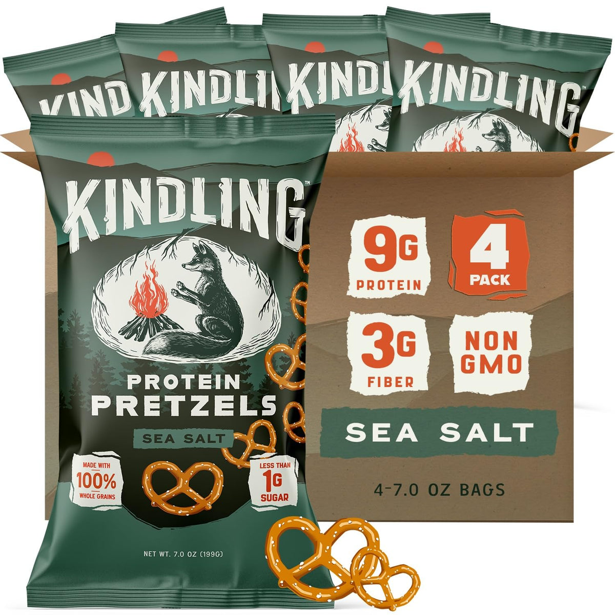 Kindling Protein Pretzels - Sea Salt | 8-9g Protein Per Serving | 4-Pack