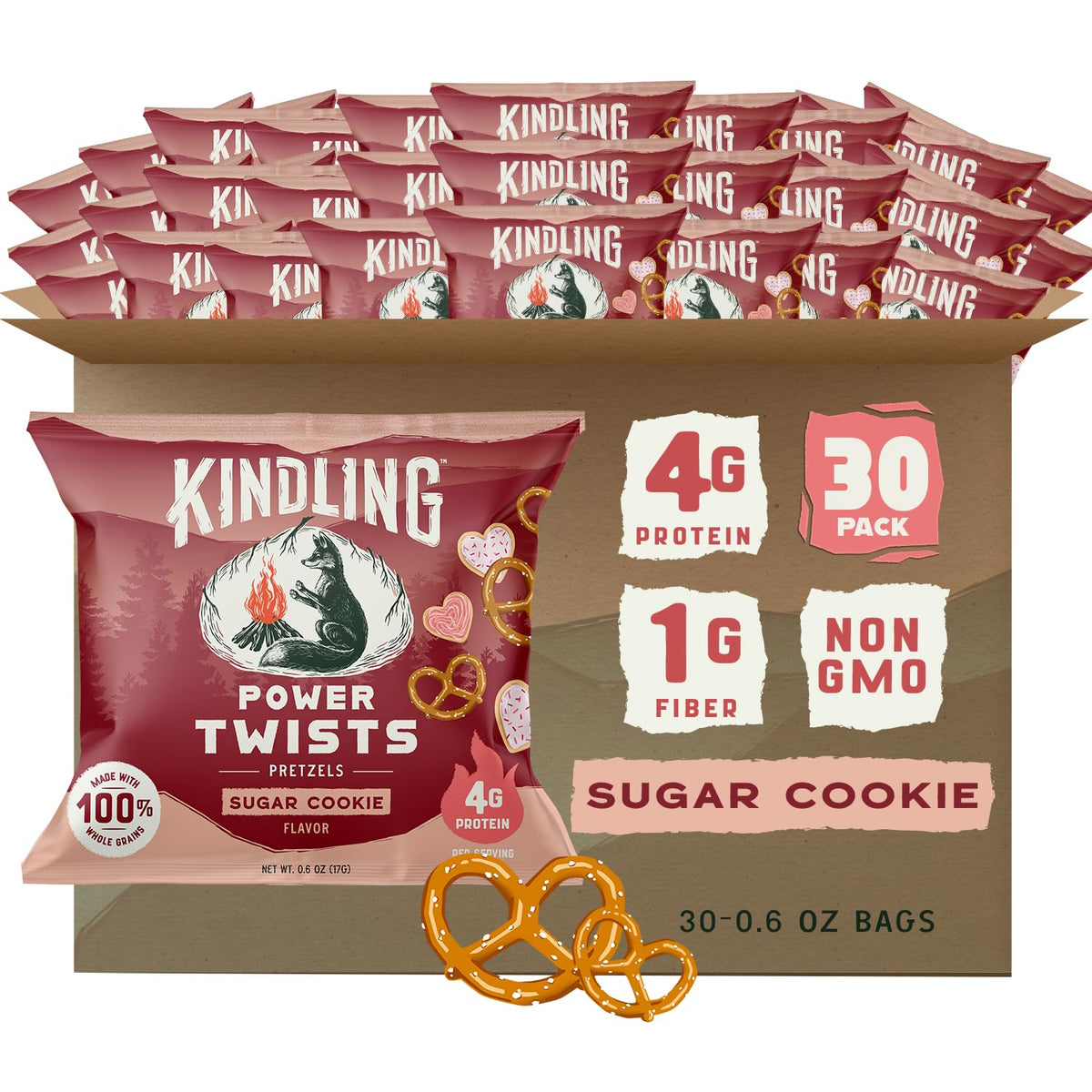 Kindling Protein Pretzels Sugar Cookie – 30 Pack, 8-9g Protein Per Serving, Kosher, Soy-Free