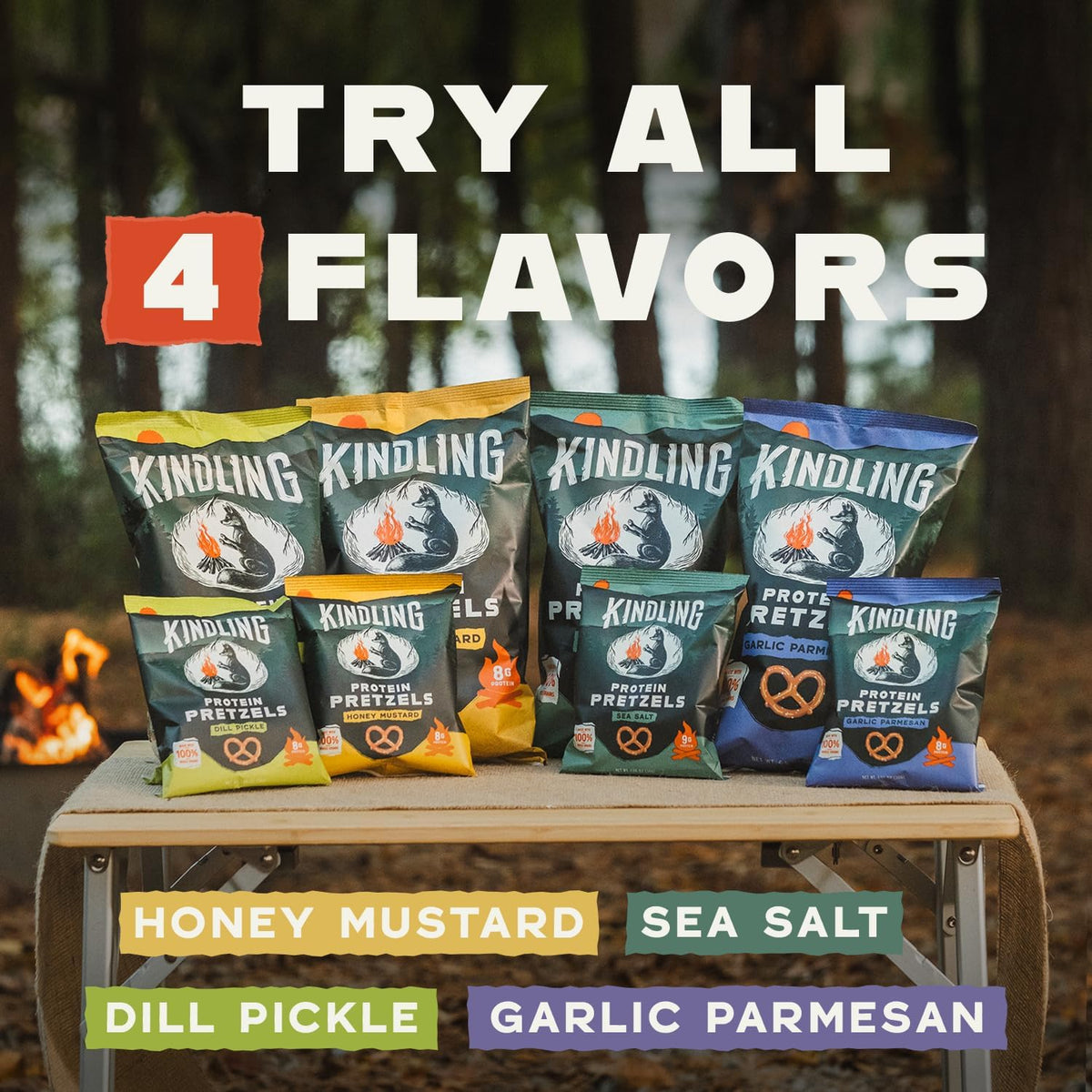 Kindling Protein Pretzels Variety Pack - Sea Salt, Dill Pickle, Honey Mustard, Garlic Parmesan | 8-9g Protein per Serving
