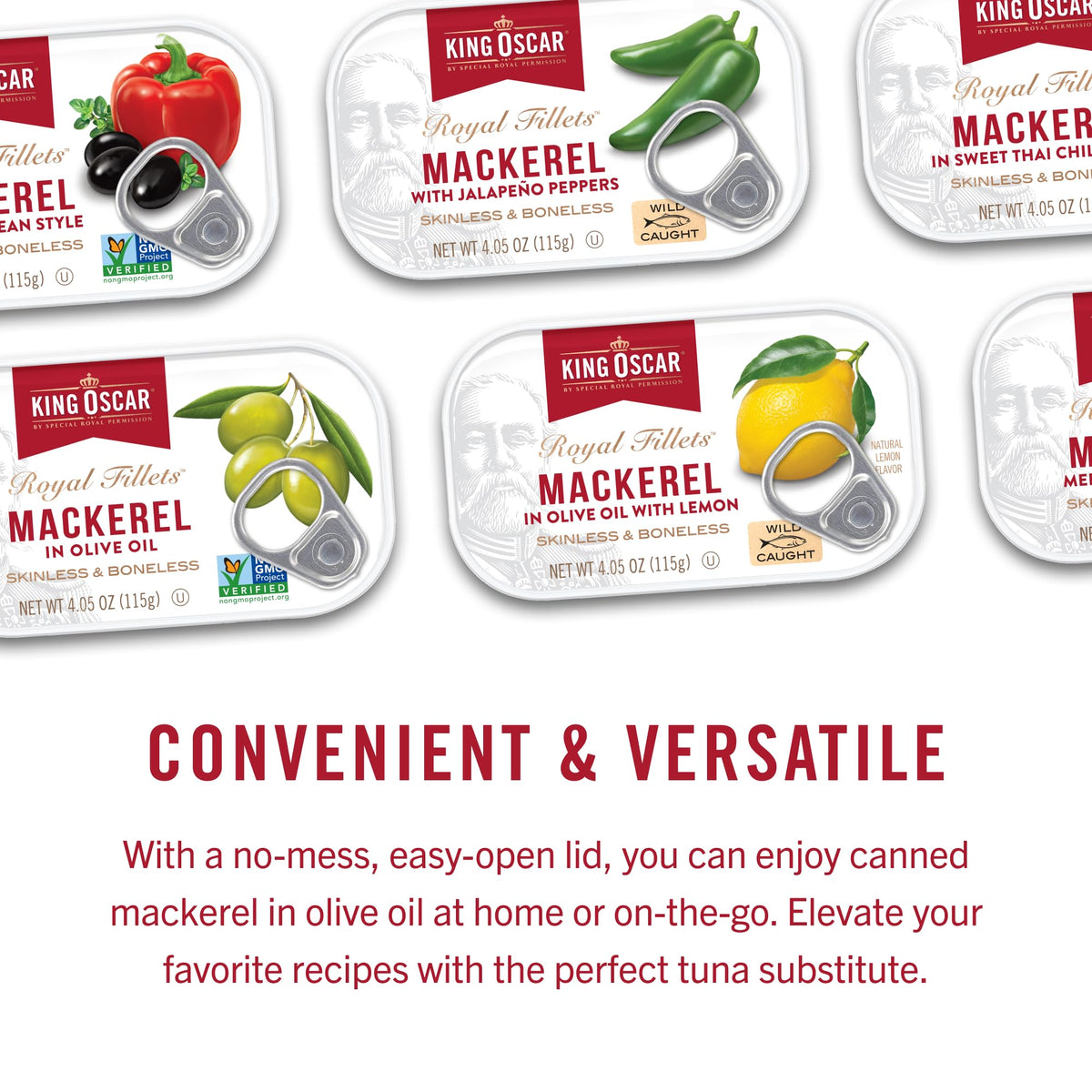 King Oscar Skinless and Boneless Mackerel Variety Pack – 6 Cans (4.05 oz) – Olive Oil, Mediterranean, Lemon, Jalapeño
