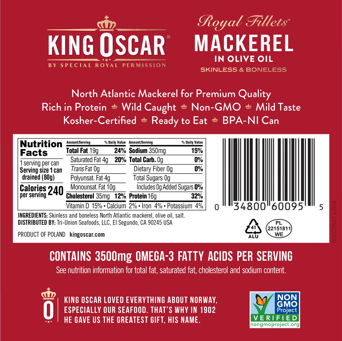 King Oscar Skinless and Boneless Mackerel Variety Pack – 6 Cans (4.05 oz) – Olive Oil, Mediterranean, Lemon, Jalapeño