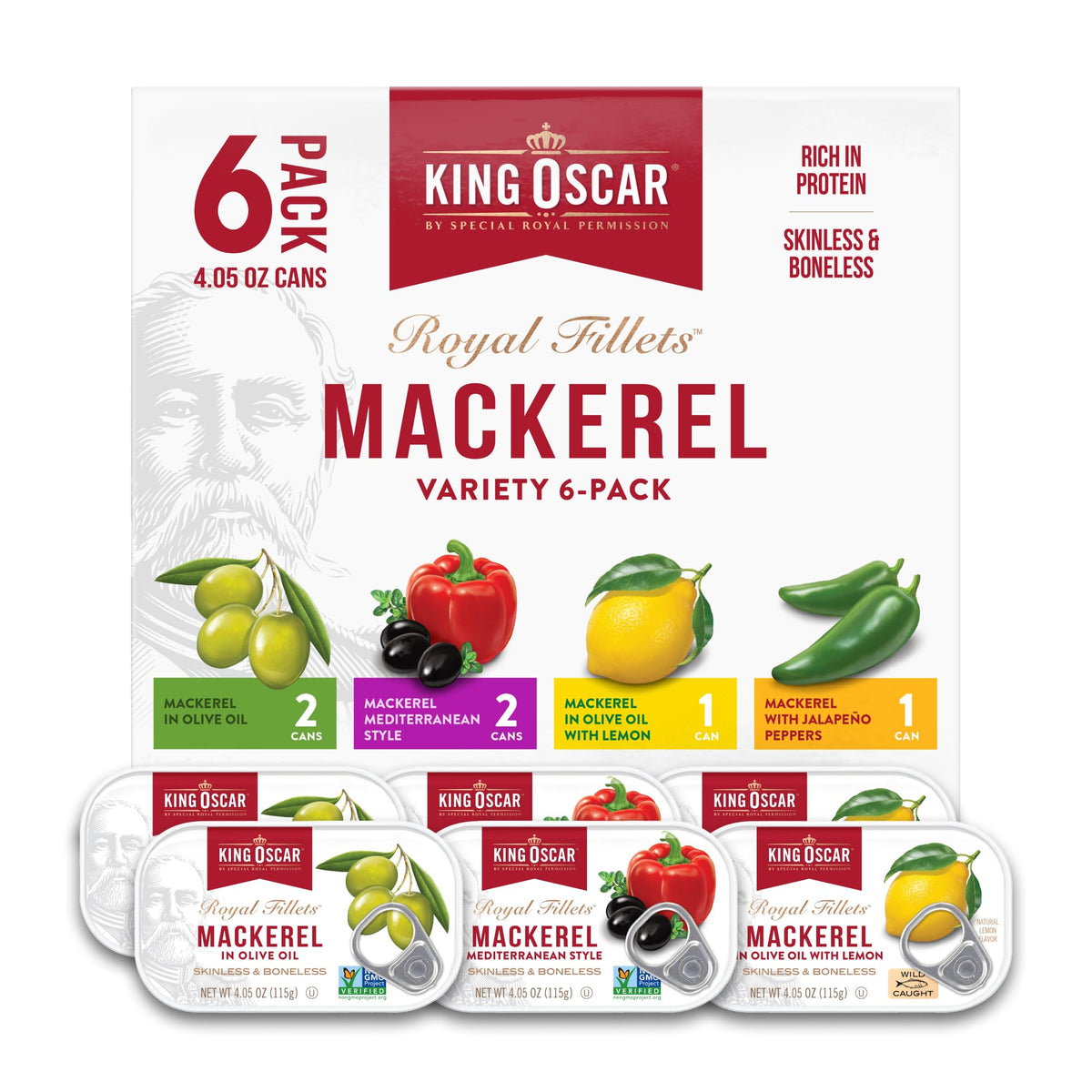 King Oscar Skinless and Boneless Mackerel Variety Pack – 6 Cans (4.05 oz) – Olive Oil, Mediterranean, Lemon, Jalapeño