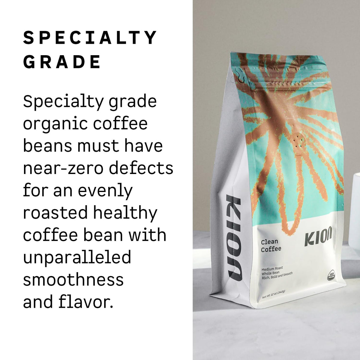 Kion Organic Whole Bean Coffee – Tested for Toxins, Ethically Sourced, Medium Roast 12 oz