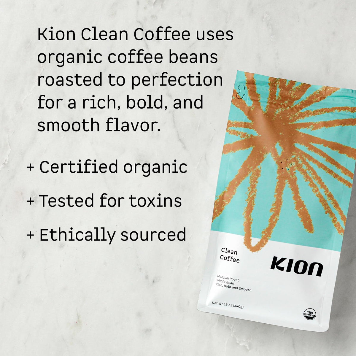 Kion Organic Whole Bean Coffee – Tested for Toxins, Ethically Sourced, Medium Roast 12 oz