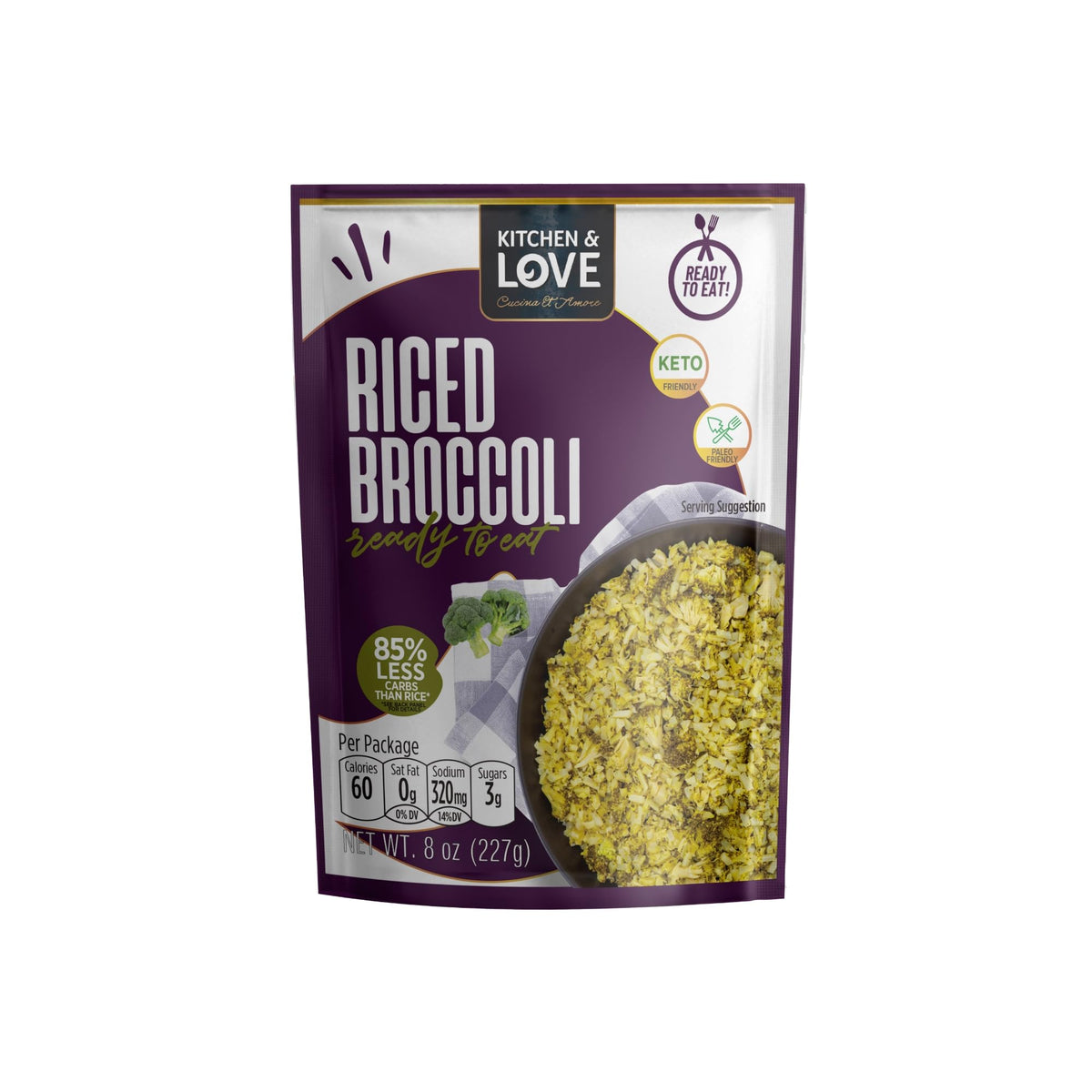 Kitchen & Love Riced Broccoli 8 oz (6 Pack) | Low Carb, Vegan, Ready-To-Eat
